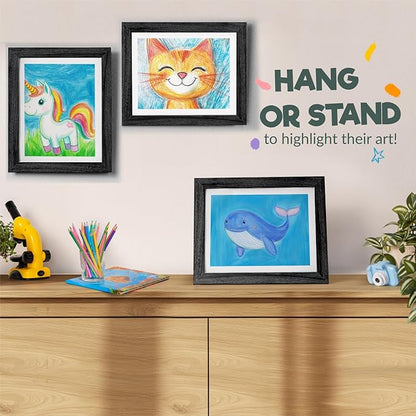 Zenacolor Kids Artwork Frames Changeable - Front-Opening to Display & Store 100 pcs - Set of 3 Kids Art Frame Includes Wall Hooks & Stand - 10x12.5cm - Black