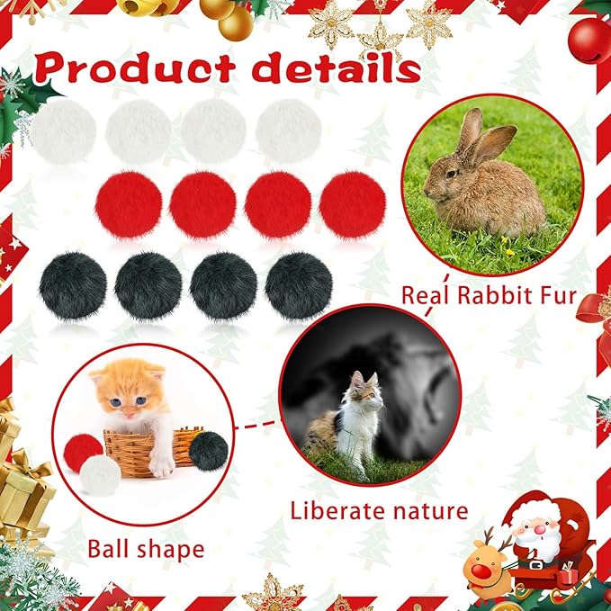 LEIFIDE 12 Pieces Real Rabbit Fur Pom Pom Kitty Cat Toy Fluffy Cat Balls Soft Fuzzy Balls for Kitty Pets Kitten Chase Quiet Play, 3 Inches in Diameter(Red,White,Green)-Mewly Pet