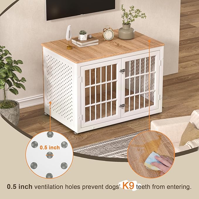 38" Heavy Duty Dog Crate Furniture for Large and Medium Dogs,Wooden Metal Kennel for High Anxiety Dogs, Chew Proof Pet Cage Indoor, Decorative Dog Kennel End Table, White-Mewly Pet