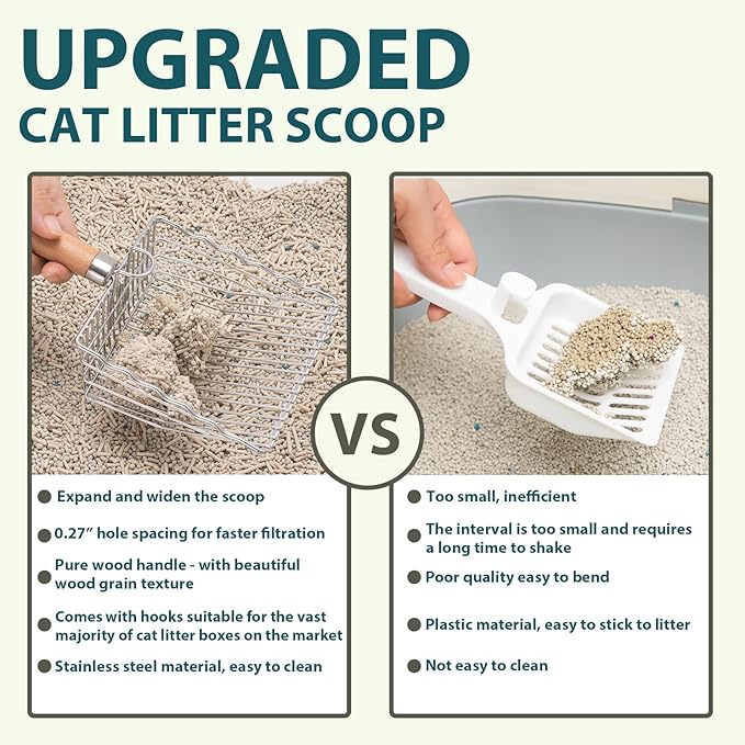 Cat Litter Scoop, Kitty Metal Scooper with Hook and Hole, Stainless Steel Kitten Poop Lifter for Litter Box, Non Stick, Durable and Heavy Duty Sifter for Easy Clean-Mewly Pet