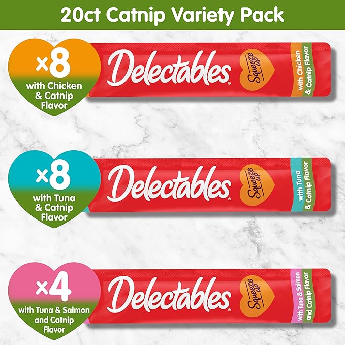 Delectables Squeeze Up Catnip Variety Pack, Creamy Squeezable Puree, Lickable Wet Cat Treats, Grain Free, No Added Fillers, No by-Products, No Added Preservatives, 0.5 Ounces Tube, 20 Tubes Total-Mewly Pet