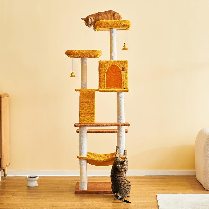 MWPO Cat Tree, 70.1-Inch Tall Cat Tower for Indoor Cats Large Adult, Multi-Level Cat Condo with 5 Scratching Posts, 2 Padded Perches, Hammock, Dangling Toys, Yellow-Mewly Pet