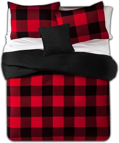 7 Piece Comforter Set Bag Solid Color All Season Soft Down Alternative Blanket & Luxurious Microfiber Bed Sheets, Queen, Buffalo Plaid Burgundy/Black