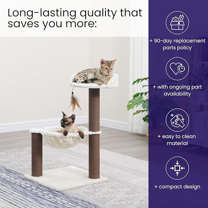 Catry Nirvana 3-Level Kitten Tree with Plush Perch, Soft Hammock, and Paper Rope Scratching Posts, Minimalist Cat Furniture for Climbing, Scratching & Resting, Ideal for Kittens & Small Cats, Beige-Mewly Pet