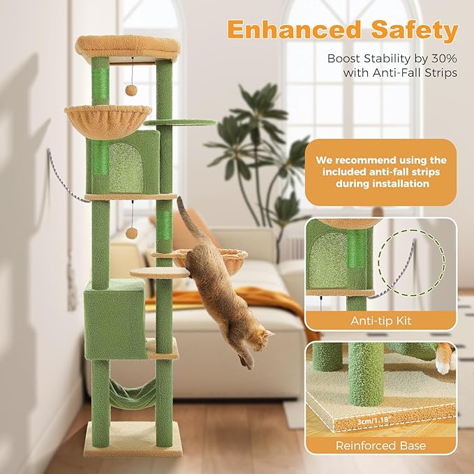 71.2" Large Cat Tree for Multi-Cat Households - 9-Level Cat Tower w/5 Sisal Scratching Posts, 2 Condos, Soft Hammock, Top Perch & Pom Poms - Heavy-Duty Space-Saving Design, Cactus Green-Mewly Pet