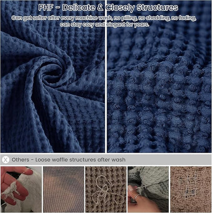 PHF 100% Cotton Waffle Weave Throw Blanket，Pre-Washed Snag Proof Lightweight Breathable Moisture-Wicking Layering in Cold Weather for Couch Bed,Machine Washable,Home Decor Gift-Navy Blue/Bright Blue