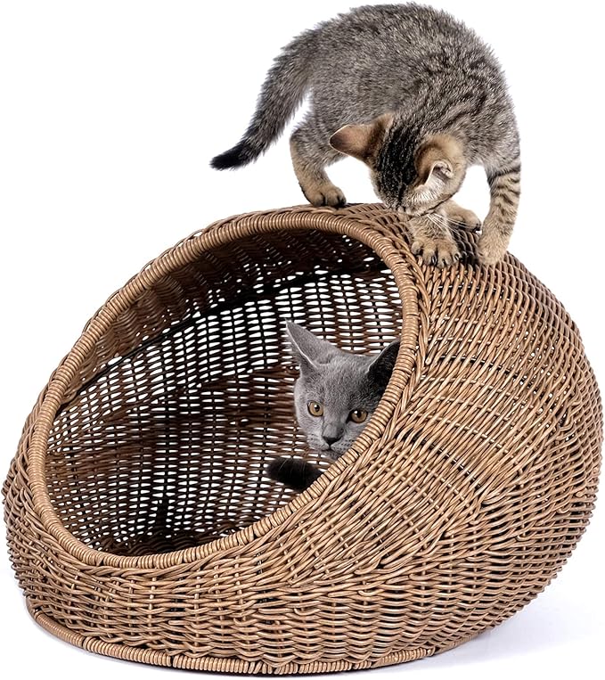 D+GARDEN Wicker Cat Bed Dome for Medium Indoor Cats - a Covered Cat Hideaway Hut of Faux Rattan Houses Pets in Dome Basket, Washable-Mewly Pet