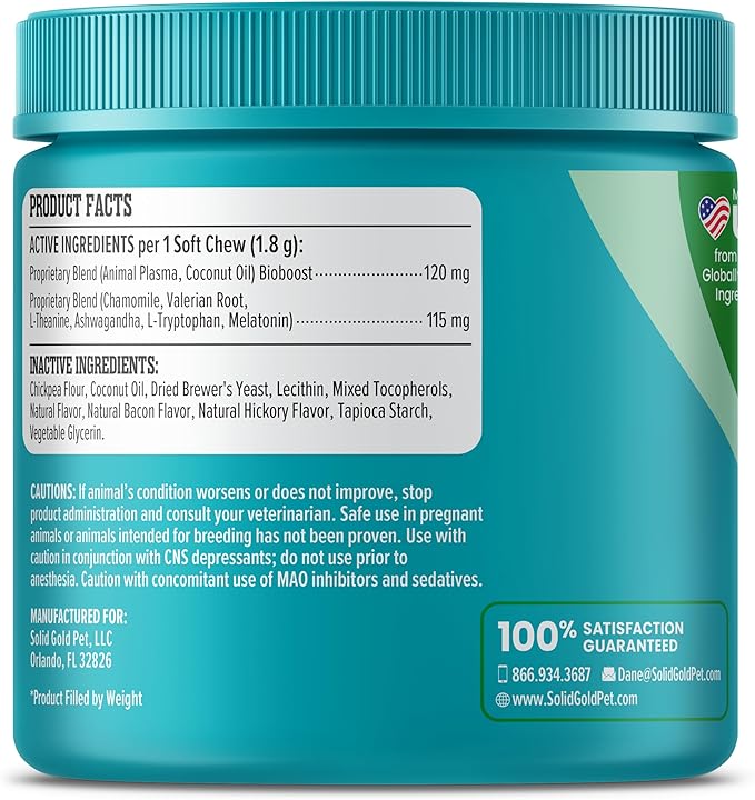 Solid Gold Calming Chews for Dogs - Dog Calming Chews W/Melatonin for Separation, Stress & Hyperactivity Relief - Supports Relaxation for Travel, Fireworks & Storms - All Ages & Sizes - Bacon - 60ct-Mewly Pet