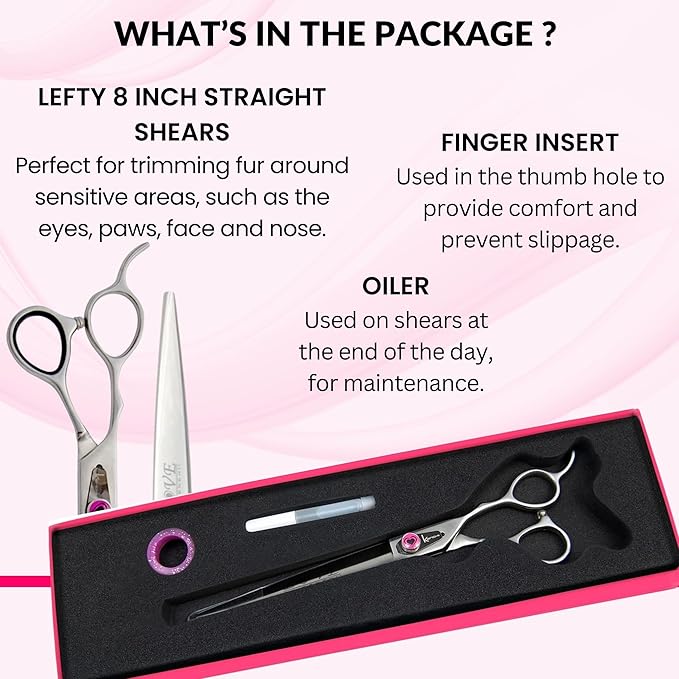 Kenchii Love Left Handed Dog Grooming Scissors, 8 Inch Straight Shears, Dog Scissors for Grooming, Professional Pet Grooming Scissors, Ergonomic & Comfortable-Mewly Pet