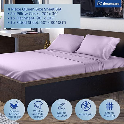 DREAMCARE Queen Sheet Set – 4 pcs Cooling Sheets – up to 21” Extra Deep Pocket Queen Sheets – Hotel Luxury Sheets & Pillowcases – Superior Softness 100% Microfiber with Side Pocket - Lavender