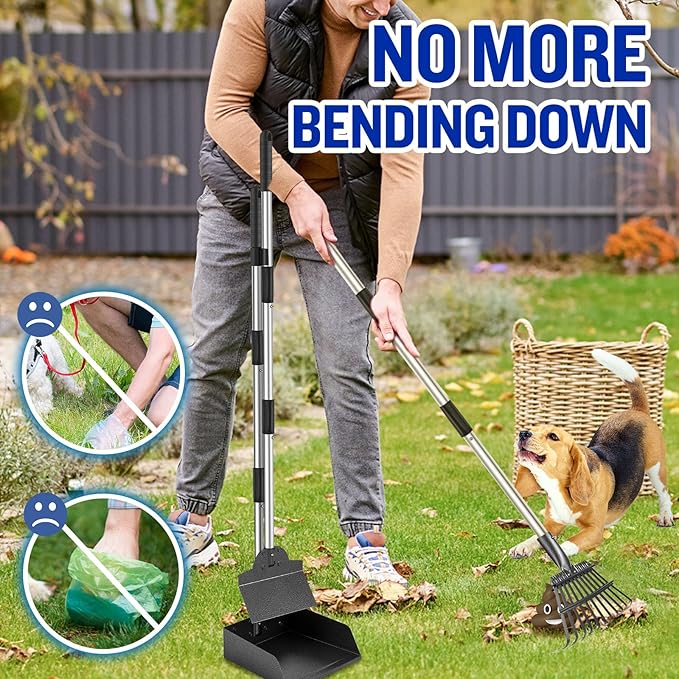 Dog Pooper Scooper, Tray Rake and Spade 3 Pack Poop Scoop Adjustable Long Handle Metal with Bin for Pet Waste Removal, No Bending Clean Up for Large and Small Dogs-Mewly Pet