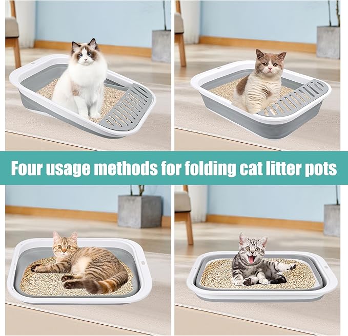 Cat Litter Box for Travel, 18"×14" Grey Small Litter Box for Open Foldable Waterproof Litter Pan,Kitty Litter Box Easy to Clean and Assemble, Portable Litter Box with Scoop-Mewly Pet