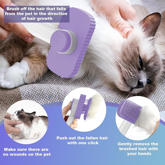 Cat brush, Cat Brush for Long or Short Haired Cats, Remove Loose Fur and Mats, Rounded Pins Reduces Painful Pulling, Not for Tangle and Curly Fur, Violet-Mewly Pet