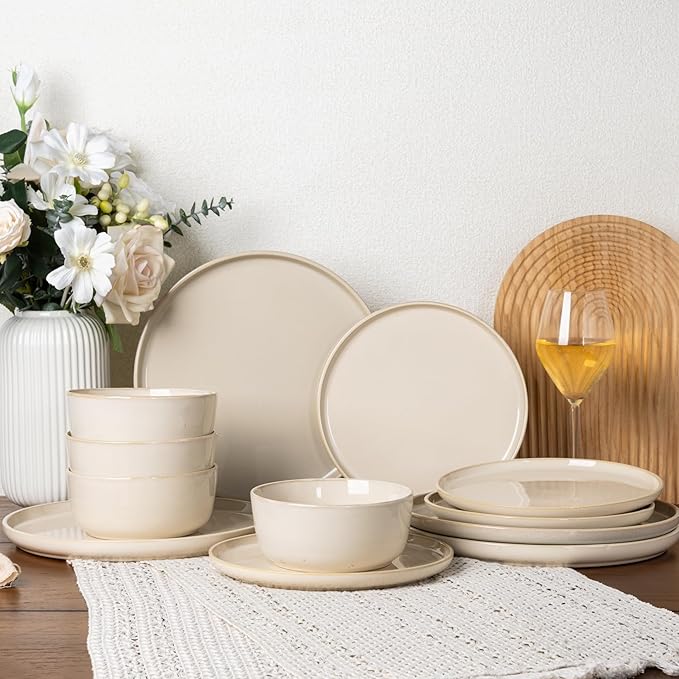 GBHOME Ceramic Dinnerware Sets for 4, 12 Pieces Stoneware Plates and Bowls Sets, Scratch Resistant Dishes, Dishwasher & Microwave Safe, Reactive Glaze-Vanilla color-Mewly Pet