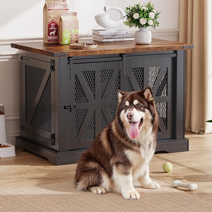 VOPEAK 43.3" XL Dog Crate Furniture, Chew Resistant Dog Crate for Medium Large Dogs, Heavy Duty Extra Large Dog Crate Dog Kennel Indoor with Double Doors, Wooden End Table for Living Room, Black-Mewly Pet