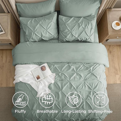 Bedsure Queen Comforter Set Sage Green - Bed in a Bag Queen Size Bedding 7 Pieces, GentleSoft™ Pintuck Bed Set Gift for Family, Pinch Pleat All Season Comforter with Sheets, Pillowcases & Shams