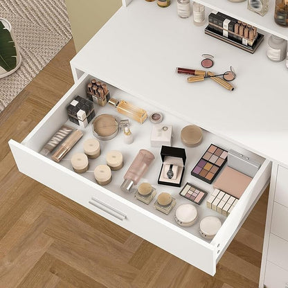 Quimoo Vanity Desk with Mirror & Lights, Makeup Vanity with 5 Drawers & Storage Shelves, White Vanity Table, 3 Color Modes & Adjustable Brightness, Dressing Table, Bedroom