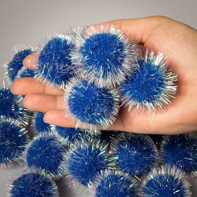 VAPKER 30 Pcs Cat Ball Toys Sparkle Balls Extra Large 2 Inch Cat's Favorite Chase Glitter Ball Glitter Tinsel Pom Poms Balls Dark Blue Color-Mewly Pet