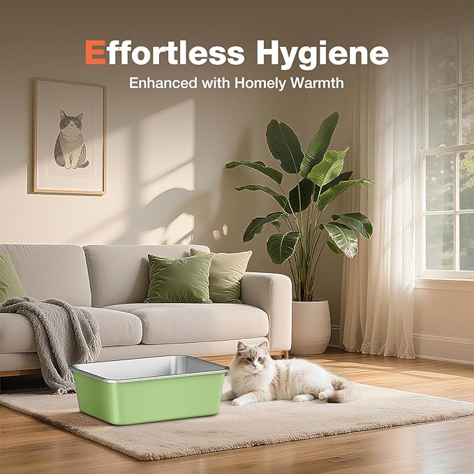 Stainless Steel Litter Box, Large Metal Cat Litter Box with High Sided for Big and Small Cats, Non-Stick, Easy to Clean, Odor-Free, 19.5" L×13.6" W×5.9" H, Leaf Green-Mewly Pet
