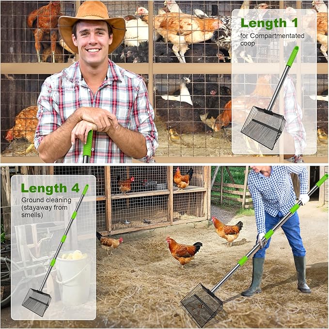 12inch Large Chicken Poop Scooper，2 Widths of Slots Litter Sifting Shovel （23 to 66"），Chicken Coop Litter Scoop with Stainless Steel Handle, 4 in 1 Multifunctional Heavy Duty Chicken Coop Accessories-Mewly Pet