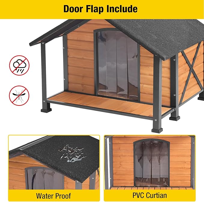 Aivituvin Dog House with Anti-Chewing Metal Frame Outdoor Large Wooden Dog Kennel Outside with Overhang Roof Large Porch Weatherproof-Mewly Pet