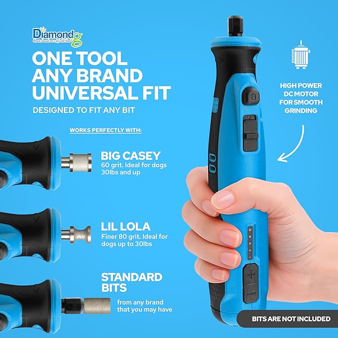 Diamondg Cordless Dog Nail Grinder with Quiet Sound & LED Tip for Large & Small Dogs, 4hrs. Runtime, 2 Bits Included, Blue-Mewly Pet