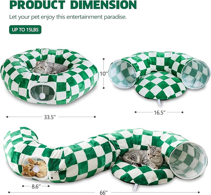 Cat Tunnel for Indoor Cats, Cute Peekaboo Cat Cave with Dangling Balls, Checkered Pet Donut Tunnel Bed with Circle Mat for Puppy Kitten Rabbit, Green/White-Mewly Pet