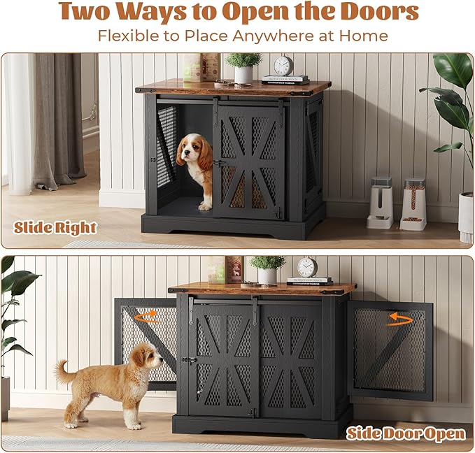 VOPEAK 27.5" Small Dog Crate Furniture, Chew Resistant Dog Crate for Puppy Dogs, Heavy Duty Small Dog Crate Dog Kennel Indoor with Double Doors, Wooden End Table for Bedroom Living Room, Black-Mewly Pet