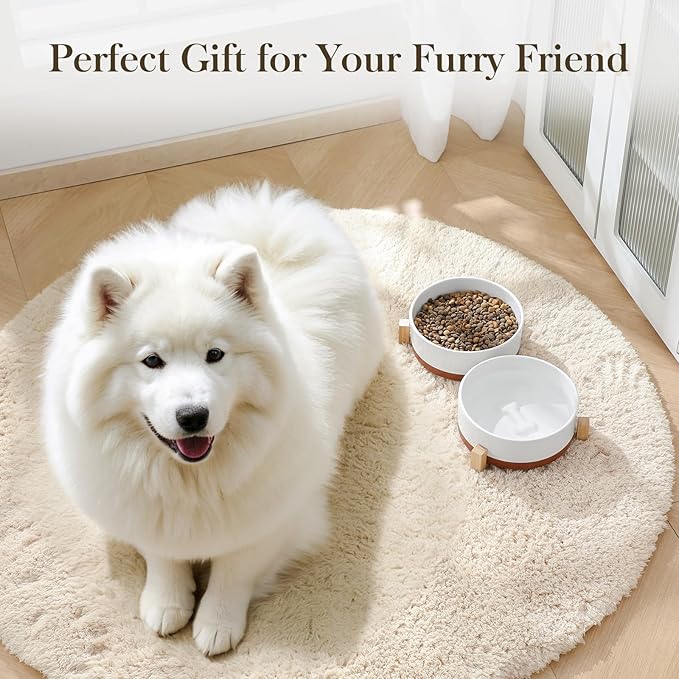 MALACASA Dog Bowls, Ceramic Dogs Bowls with Wood Stand Non-Slip, 6 Cups or 58 oz Capacity Dog Water Food Bowl Glaze Matte Weighted Non-Slip Pet Bowl for Large Dogs (L-6 Cups)-Mewly Pet