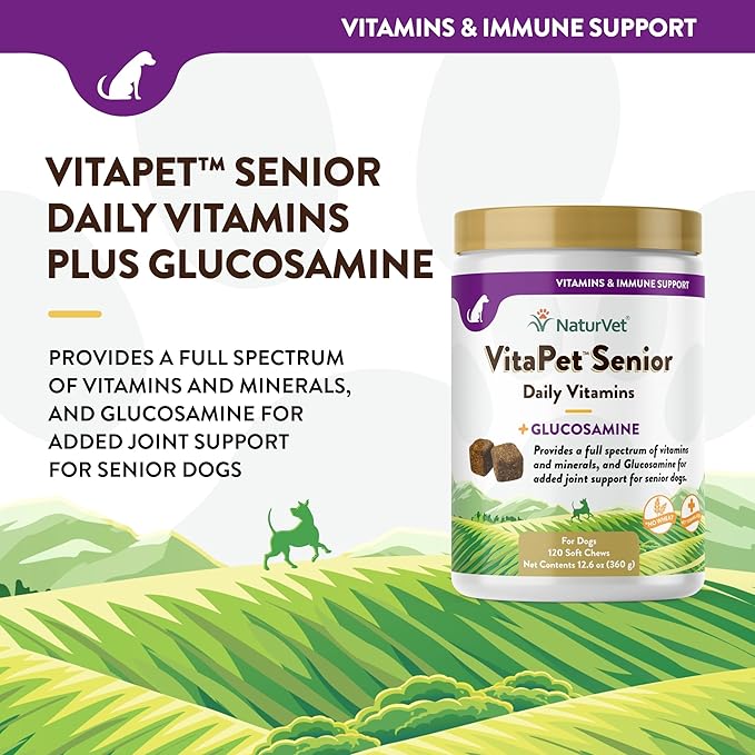 NaturVet VitaPet Senior Daily Vitamin Dog Supplements Plus Glucosamine – Includes Full-Spectrum Vitamins, Minerals – Joint Support for Older, Active Dogs – 120 Ct. Soft Chews-Mewly Pet