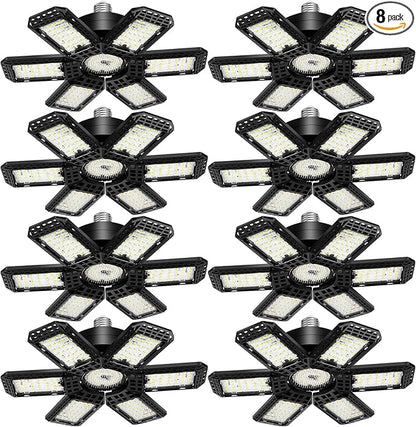 8 Pack LED Garage Light, 200W 20000LM 6500K LED Shop Lights, Garage Lights Ceiling Led with 6+1 Deformable Panels, Screw in E26/E27 Socket Bulb for Warehouse, Workshop, Basement, Barn Lighting
