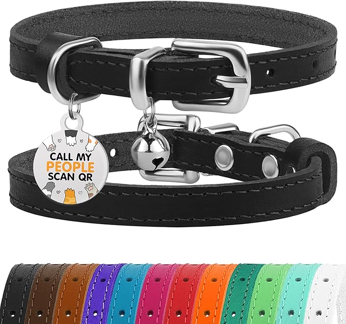 BRONZEDOG Leather Cat Collar with Removable Bells Non Breakaway Kitten QR Tag for Girl Boy (9" - 12" Cats/Mini Dogs, Black & Silver)-Mewly Pet