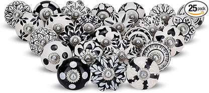 Black & White Cabinet Knobs Ceramic Assorted knobs for Drawers Cupboard and Wardrobe Furniture Door Pull Handles for Dresser Kitchen Wardrobes Boho Home Interior Decor - Pack of 25