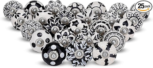 Black & White Cabinet Knobs Ceramic Assorted knobs for Drawers Cupboard and Wardrobe Furniture Door Pull Handles for Dresser Kitchen Wardrobes Boho Home Interior Decor - Pack of 25