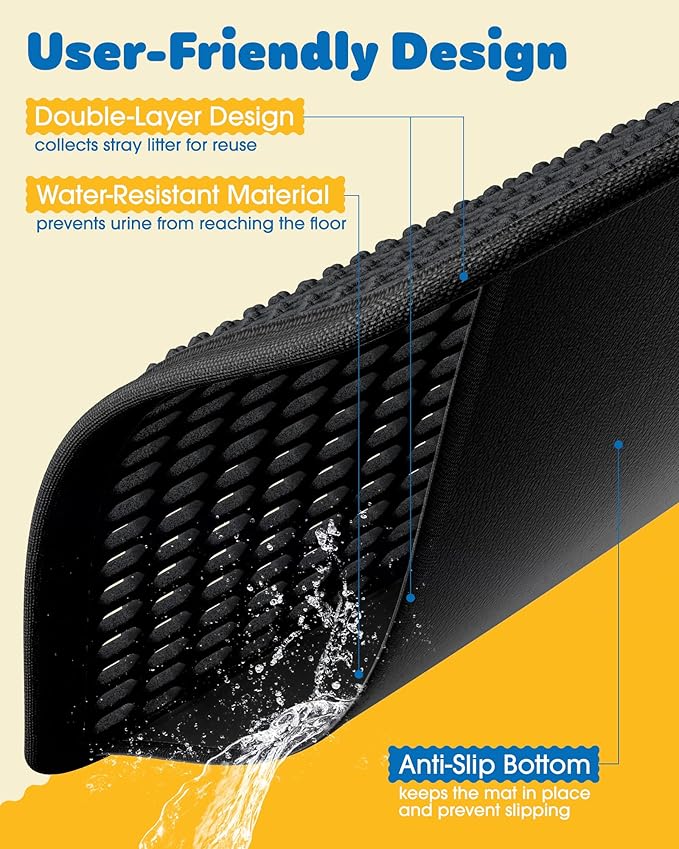 35" x 30" Cat Litter Mat - Ultra-Large Litter Box Mat with Double Layers, Urine-Proof and Non-Slip Litter Trapping Mat, Easy to Clean Kitty Litter Mats for Floor, Scatter Control, Black-Mewly Pet