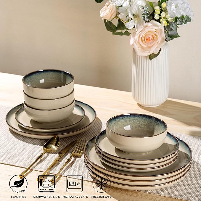 GBHOME Ceramic Dinnerware Sets for 4, 12 Pieces Stoneware Plates and Bowls Sets, Scratch Resistant Dishes, Dishwasher & Microwave Safe, Reactive Glaze-Gravel-Mewly Pet