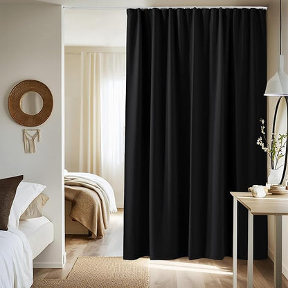 NICETOWN Room Divider Curtain with Adjustable Ceiling Track, W100 x L84 Blackout Curtain for Sliding Door, Ceiling Mouted Drape for Living Room/Hospital Divider, 1 Panel Black Drape, Whtie Track
