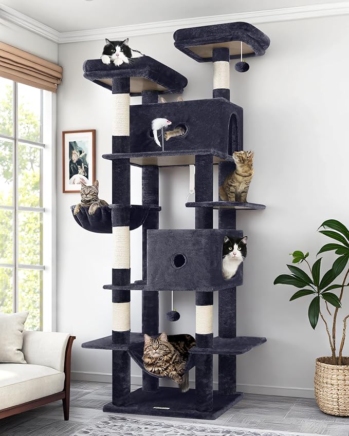 Globlazer Large Cat Tree Tower Condo, 80in Tall Cat Tree for Multiple Indoor Cats Large Adult, XXL Big Cat Climbing Tower with Cat Caves, Sisal Scratching Posts, Top Perches, Hammock, S80B, Dark Gray-Mewly Pet
