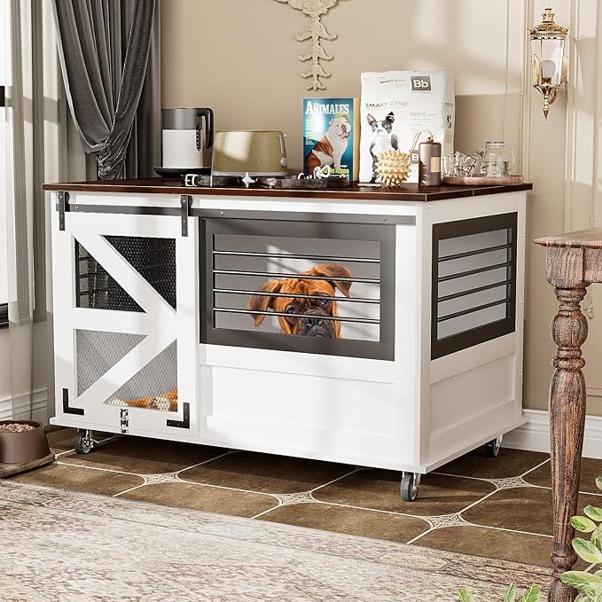 47 inch XL Dog Crate Furniture with Top-Access Teasing/Feeding Doors, Farmhouse Wooden Decorative Dog Crates with Wheels, Chew-Resistant Dog Crates End Table for Medium&Large Dogs, White-Mewly Pet