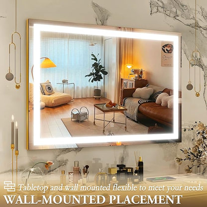 Vanity Mirror with Lights, 32" x 22" Large Lighted Vanity Mirror with Dimmable 3 Modes, LED Makeup Mirror, 10X Magnification, USB Charging Port, Tabletop or Wall-Mounted Square Gold