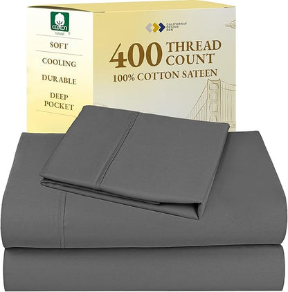 California Design Den Soft Twin Sheets Set - 400 Thread Count Sateen, Natural 100% Cotton Sheets, Deep Pockets, Cooling and Durable Bedding Set for Dorm Rooms & Adults - Grey