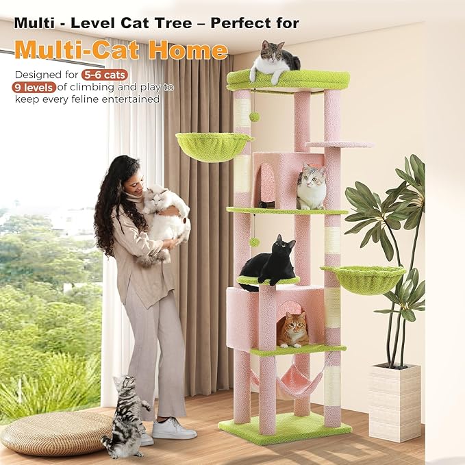 71.2" Large Cat Tree for Multi-Cat Households - Heavy-Duty 9-Level Cat Tower w/5 Sisal Scratching Posts, 2 Condos, 3 Hammocks, Extra-Large Perch & Pompoms - Space-Saving, Pink-Mewly Pet