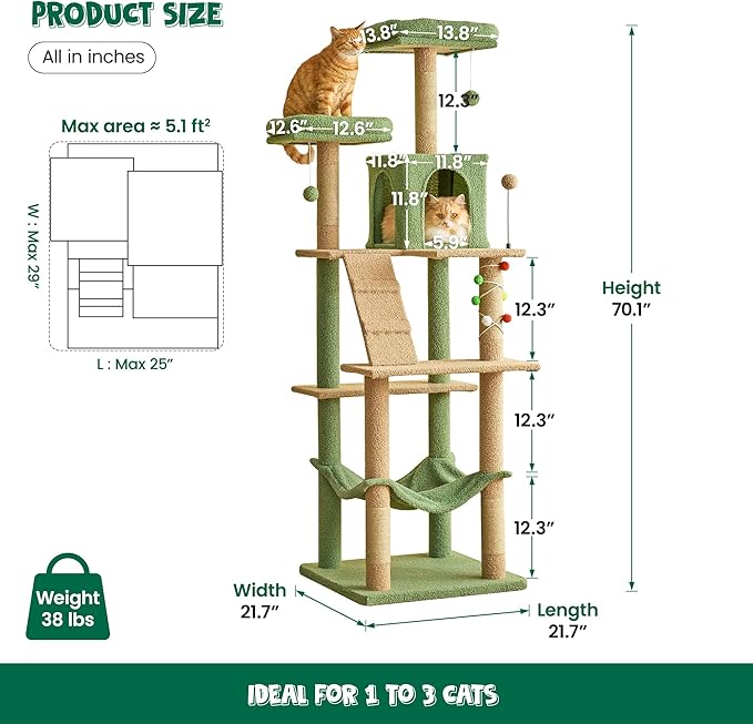 MWPO 70.1-Inch Green Large Cat Tree, Multi-Level Tall Cat Tower for Indoor Cats, Plush Cat Condo with Big Padded Perches, Sisal-Covered Scratching Posts, Hammock, Toys for Kittens & Cats-Mewly Pet