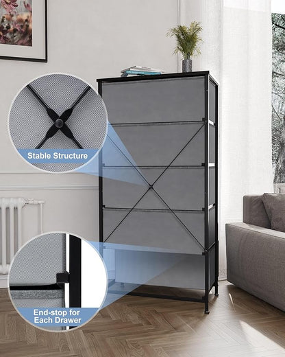 Crestlive Products Vertical Dresser Storage Tower - Sturdy Steel Frame, Wood Top, Easy Pull Fabric Bins - Wide Organizer Unit for Bedroom, Hallway, Entryway, Closets - 5 Drawers(Gray)