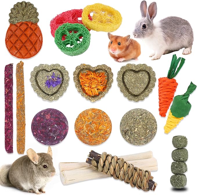 VESPRO Bunny Toys, 21PCS Rabbit Chew Toys for Teeth, Guinea Pig Natural Treats, Timothy Hay Sticks for Chinchillas Hamsters Rats, Small Animals Teeth Grinding-Mewly Pet