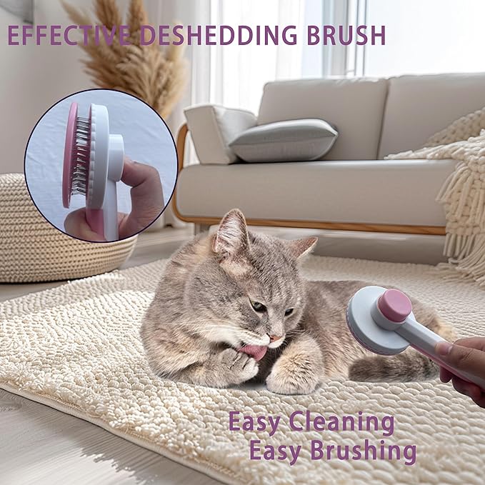 Cat Grooming Brush Kit 6 Tools - Deshedding & Dematting for Long/Short Hair, Self-Cleaning Slicker Brush with 6-in-1 Flea Comb for Cats & Kittens (Pink)-Mewly Pet