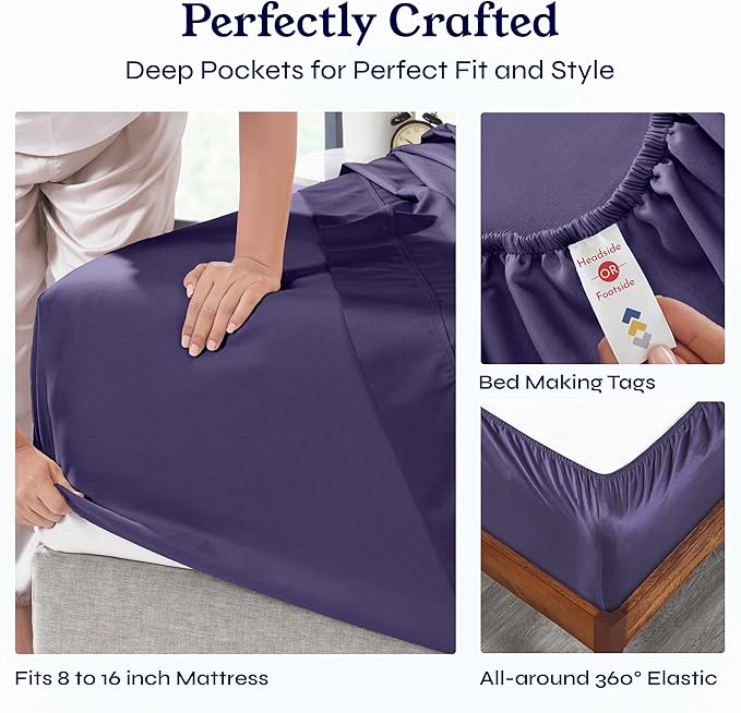 California Design Den King Size Sheets Set - 400 Thread Count Sateen, Natural 100% Cotton Sheets with Deep Pockets, Breathable, Cooling and Durable Bedding Set - Purple