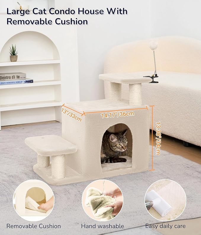 Happi N Pets Dog Stairs with Cat Scratching Post & Large Condo, Stable Pet Steps for High Beds Couch, 3 Combinations Cat Ramp Tree Tower for Cats or Small Dogs, Removable Cushion & Bonus Toy, Beige-Mewly Pet