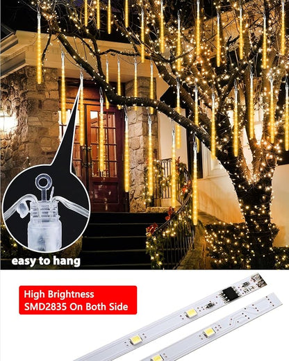 Joomer Christmas Lights Outdoor, 11.8 inch 10 Tubes 240 LED Meteor Shower Lights, LED Snow Falling Icicle Cascading Light with Timer Waterproof and Connectable for Christmas Decoration (Warm White)