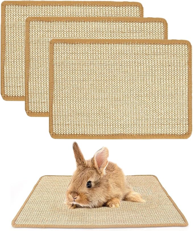 PODOO Bunny Scratch Pads, Sisal Rabbit Scratching Pad, Natural Rabbit Resting Mats for Cages, Forage Grass Mat Indoor Essentials Accessories for Guinea Pig Cat (3Pcs, 15.7x11.8 inches)-Mewly Pet